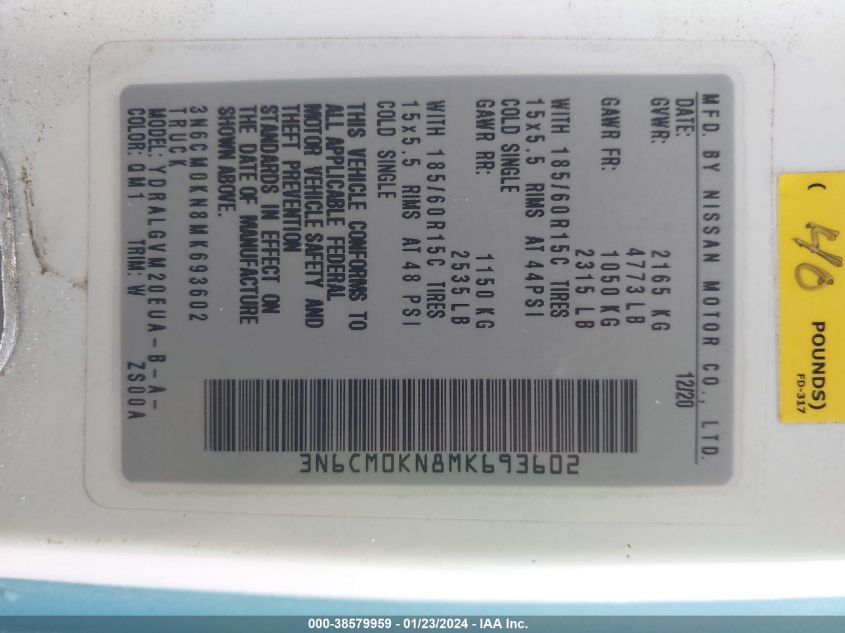 VIN 3N6CM0KN8MK693602 2021 NISSAN NV200 COMPACT CARGO SV XTRONIC CVT