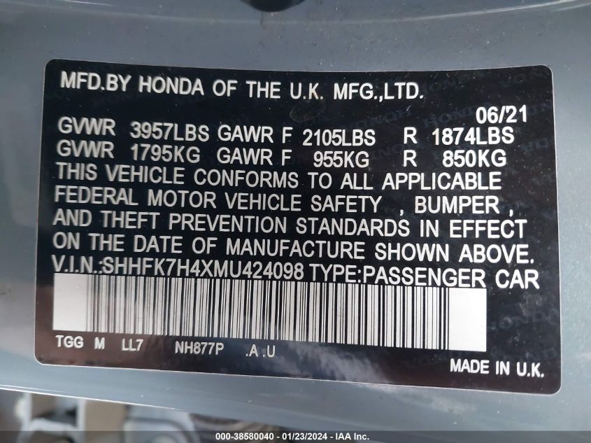 2021 HONDA CIVIC SPORT - SHHFK7H4XMU424098