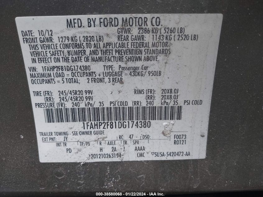 2013 FORD TAURUS LIMITED - 1FAHP2F81DG174380