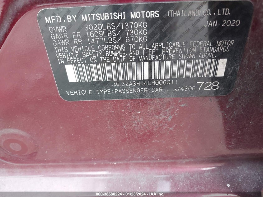 VIN ML32A3HJ4LH006011 2020 MITSUBISHI MIRAGE ES