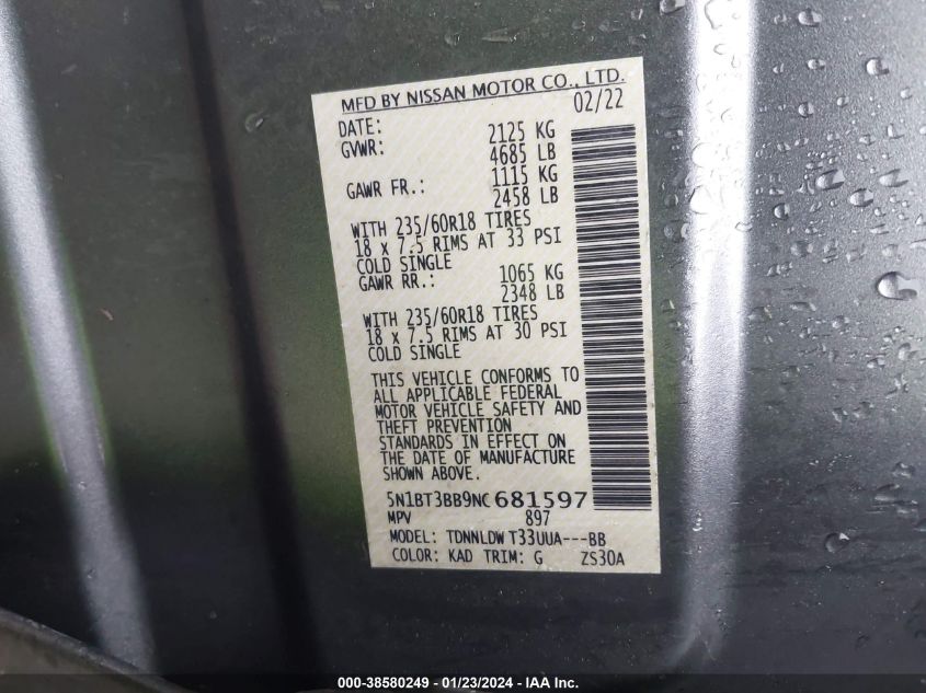 2022 NISSAN ROGUE SV - 5N1BT3BB9NC681597