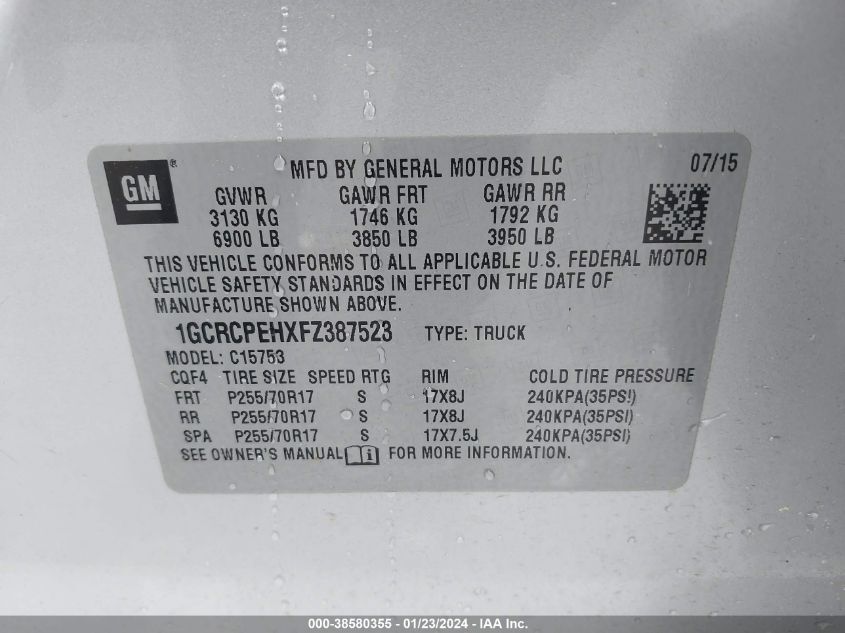 2015 CHEVROLET SILVERADO 1500 WT - 1GCRCPEHXFZ387523