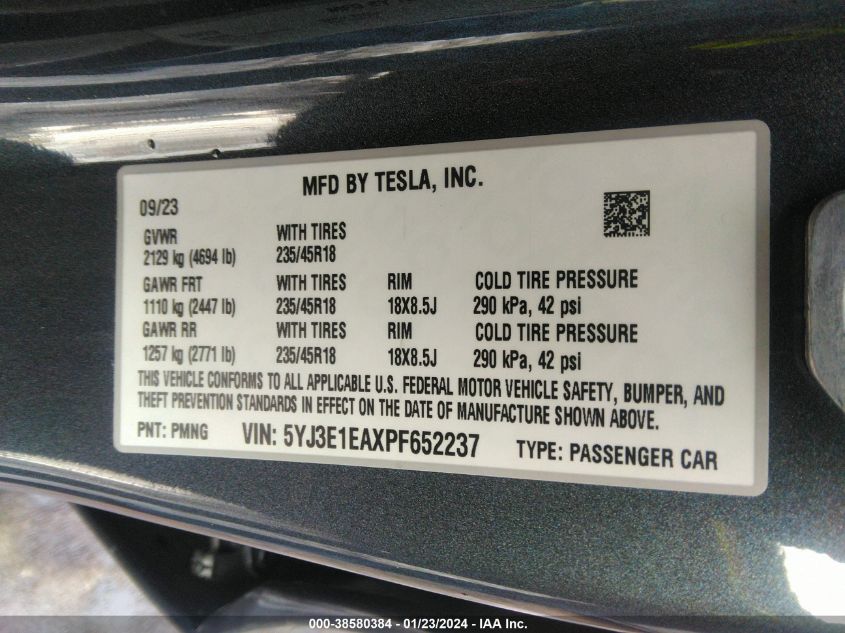 2023 TESLA MODEL 3 REAR-WHEEL DRIVE - 5YJ3E1EAXPF652237