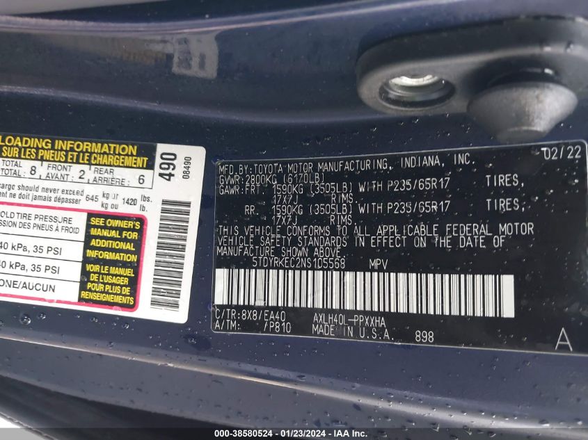 2022 TOYOTA SIENNA XLE - 5TDYRKEC2NS105568