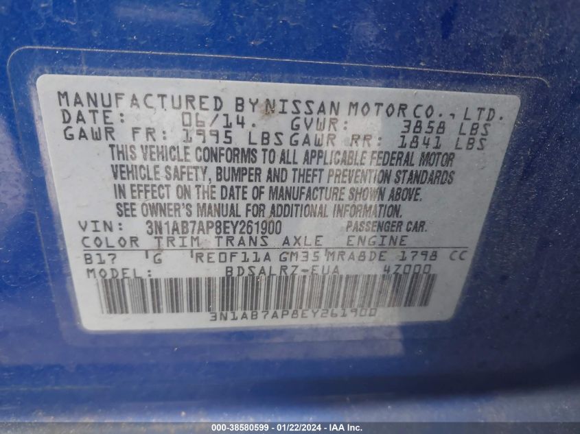 2014 NISSAN SENTRA S/SV/SR/SL - 3N1AB7AP8EY261900