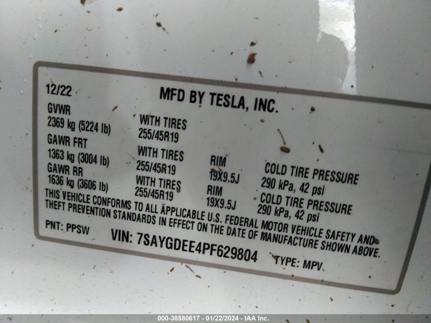 2023 TESLA MODEL Y AWD/LONG RANGE DUAL MOTOR ALL-WHEEL DRIVE - 7SAYGDEE4PF629804