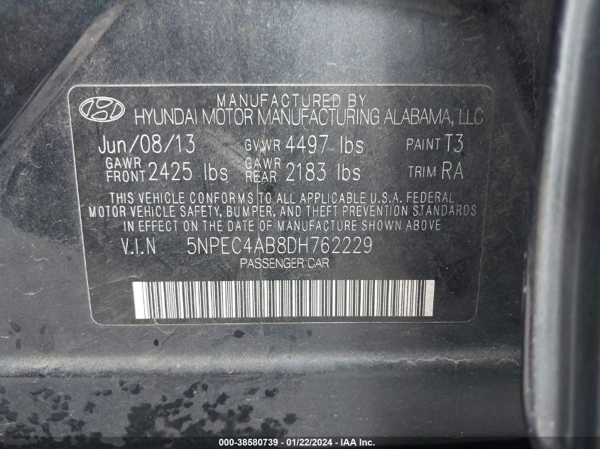 5NPEC4AB8DH762229 | 2013 HYUNDAI SONATA