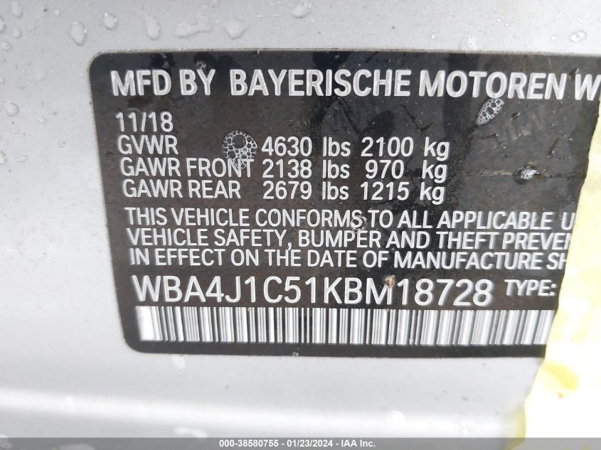 2019 BMW 430I GRAN COUPE - WBA4J1C51KBM18728