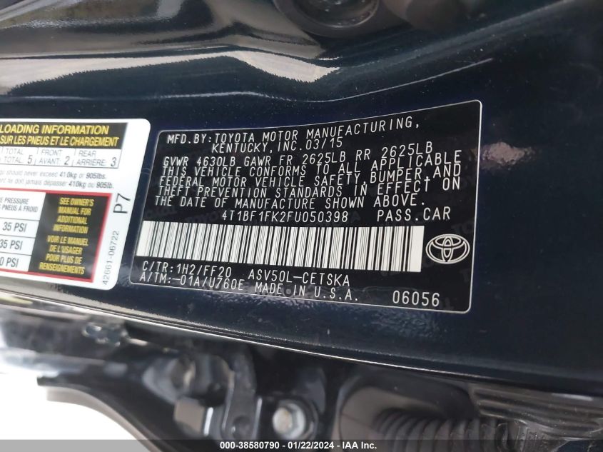 2015 TOYOTA CAMRY SE - 4T1BF1FK2FU050398
