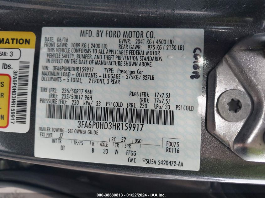 3FA6P0HD3HR159917 2017 FORD FUSION, photo no. 9