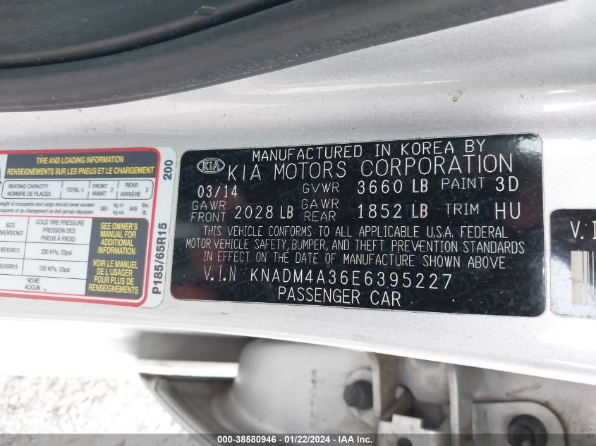2014 KIA RIO LX - KNADM4A36E6395227