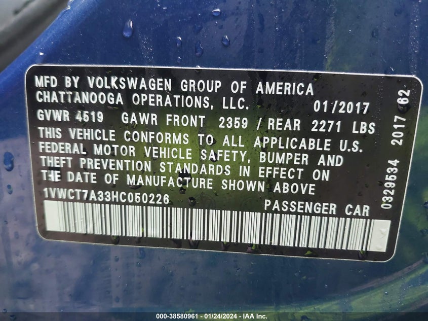VIN 1VWCT7A33HC050226 2017 VOLKSWAGEN PASSAT SEL PREMIUM