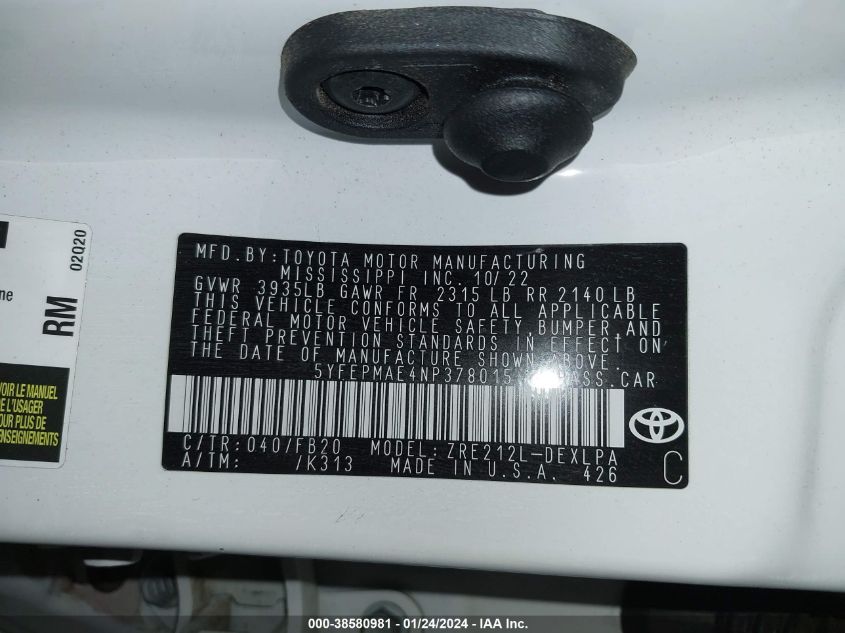 2022 TOYOTA COROLLA LE - 5YFEPMAE4NP378015