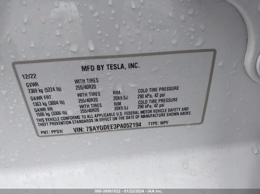 VIN 7SAYGDEE3PA052194 2023 TESLA MODEL Y