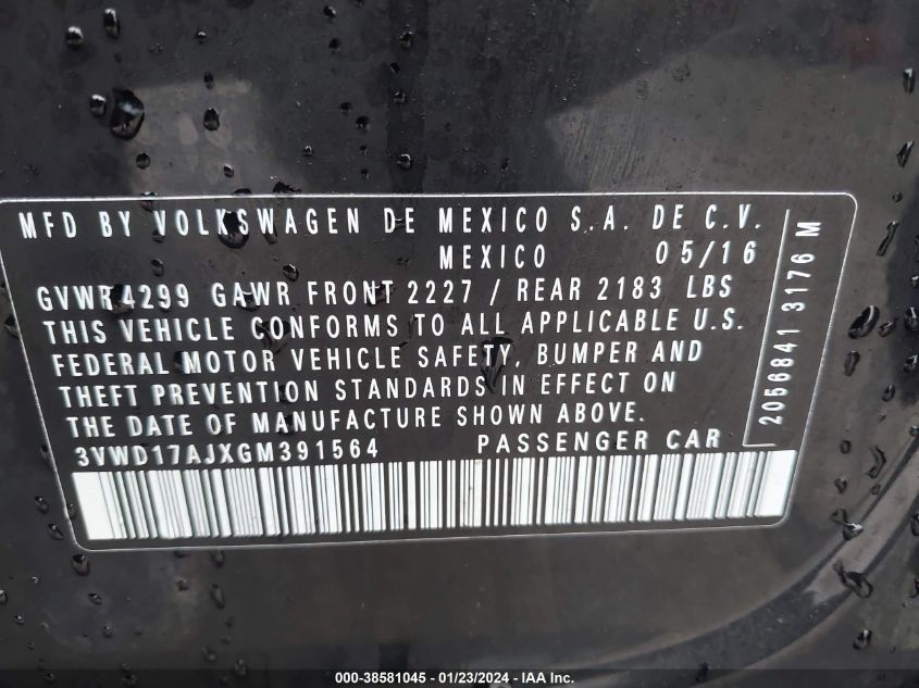 2016 VOLKSWAGEN JETTA SPORT - 3VWD17AJXGM391564