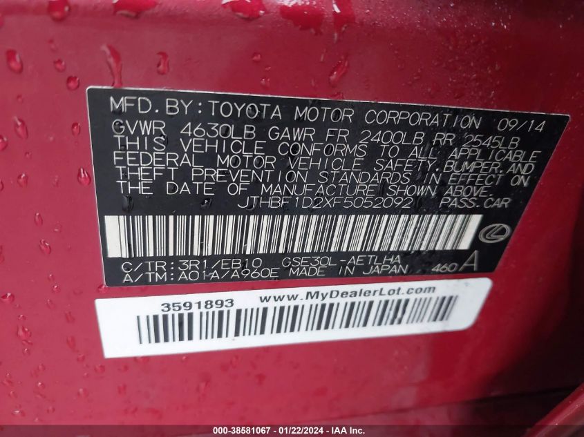 2015 LEXUS IS 250 - JTHBF1D2XF5052092