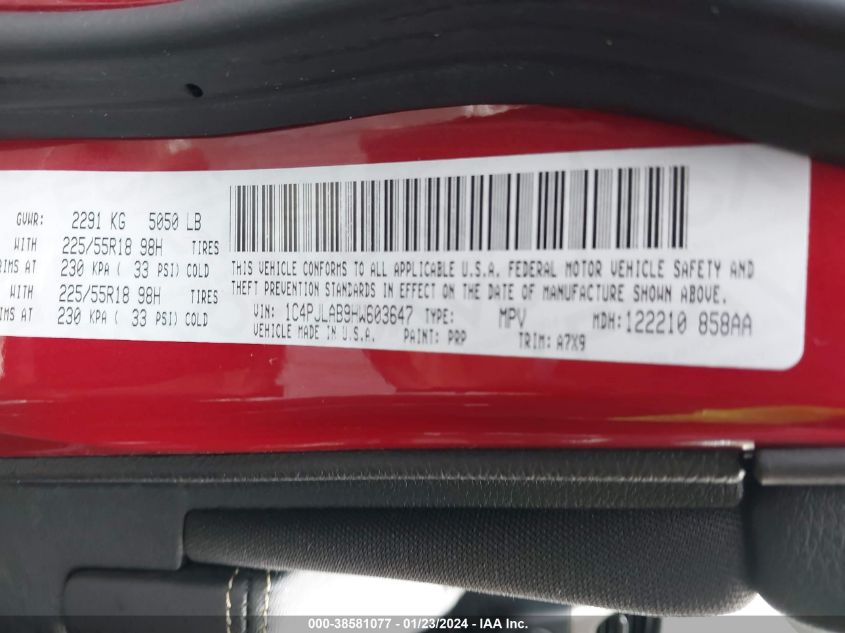 2017 JEEP CHEROKEE ALTITUDE FWD - 1C4PJLAB9HW603647