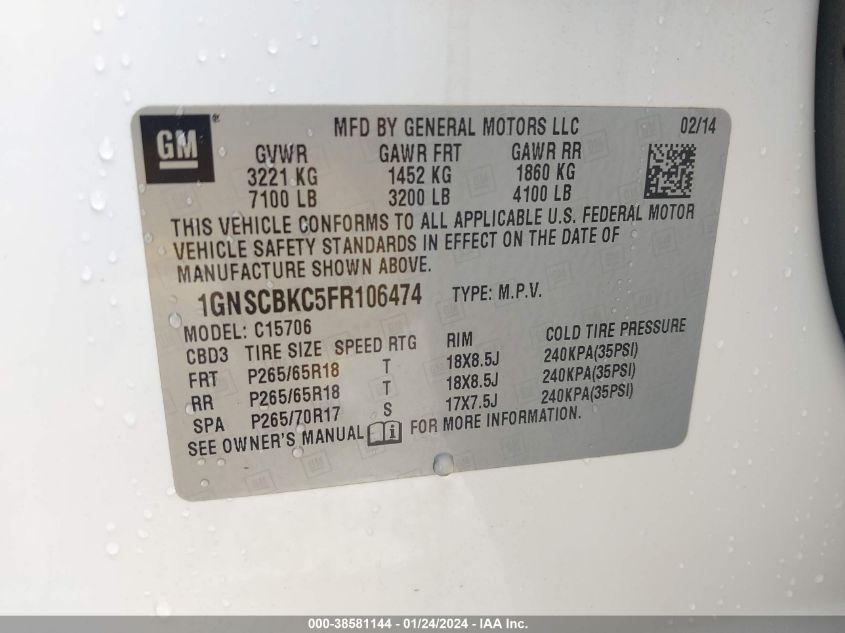 2015 CHEVROLET TAHOE C1500 LT - 1GNSCBKC5FR106474