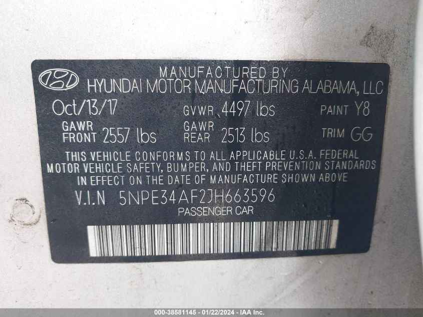 5NPE34AF2JH663596 | 2018 HYUNDAI SONATA