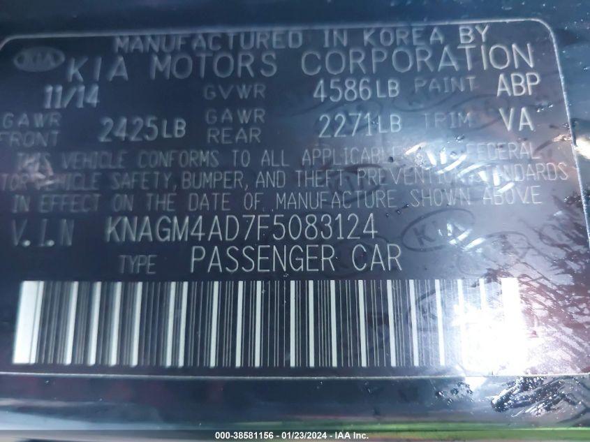 2015 KIA OPTIMA HYBRID - KNAGM4AD7F5083124