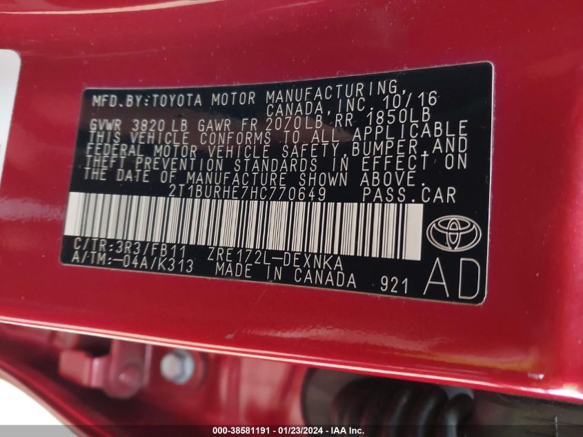 2017 TOYOTA COROLLA LE - 2T1BURHE7HC770649