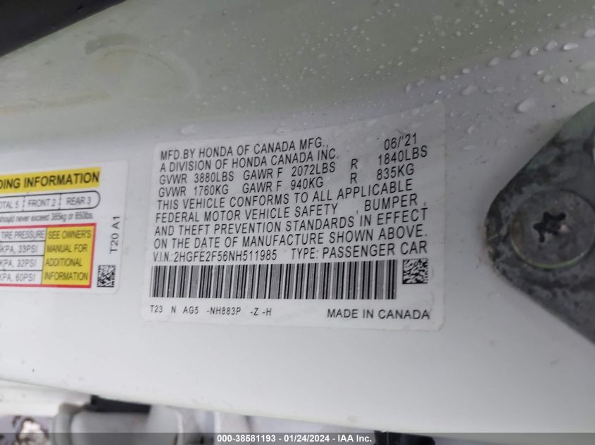 2022 HONDA CIVIC SPORT - 2HGFE2F56NH511985