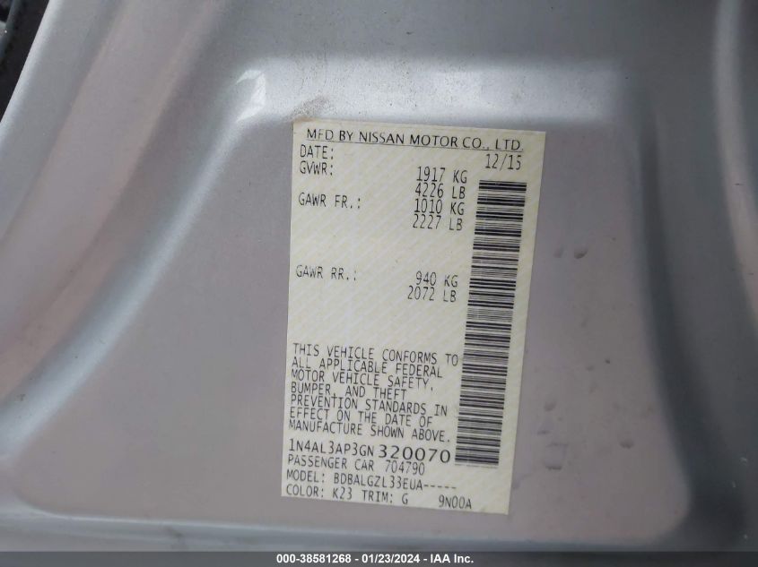 2016 NISSAN ALTIMA 2.5/S/SV/SL/SR - 1N4AL3AP3GN320070