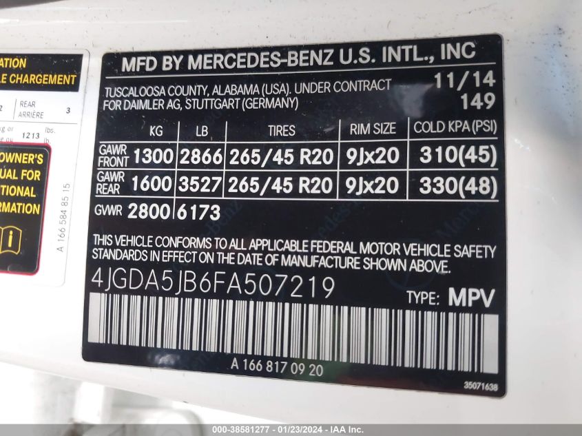 2015 MERCEDES-BENZ ML 350 - 4JGDA5JB6FA507219