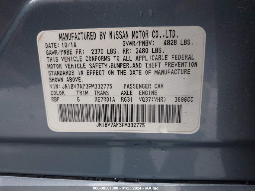 2015 INFINITI Q50 PREMIUM/SPORT - JN1BV7AP3FM332775