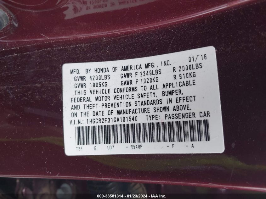2016 HONDA ACCORD LX - 1HGCR2F31GA101540