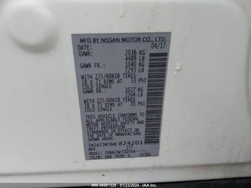 2017 NISSAN ROGUE SL - 5N1AT2MT6HC824201