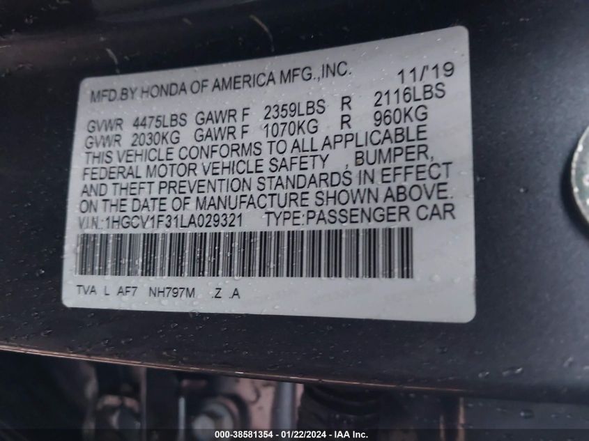 2020 HONDA ACCORD SPORT - 1HGCV1F31LA029321