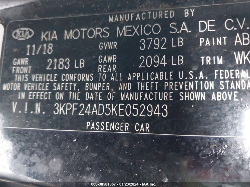 2019 KIA FORTE FE/LX/LXS - 3KPF24AD5KE052943