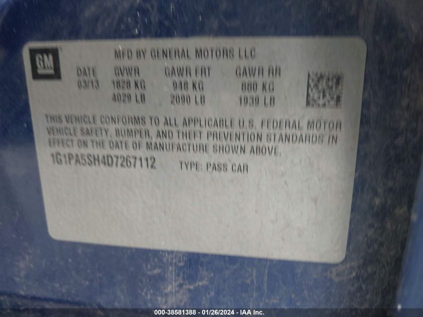 2013 CHEVROLET CRUZE LS AUTO - 1G1PA5SH4D7267112