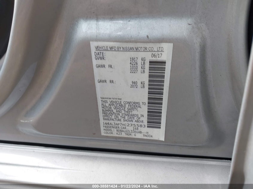 VIN 1N4AL3AP7HC275583 2017 NISSAN ALTIMA 2.5 S