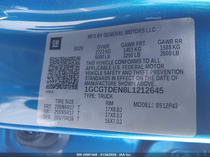 2020 CHEVROLET COLORADO 4WD  SHORT BOX Z71 - 1GCGTDEN8L1212645