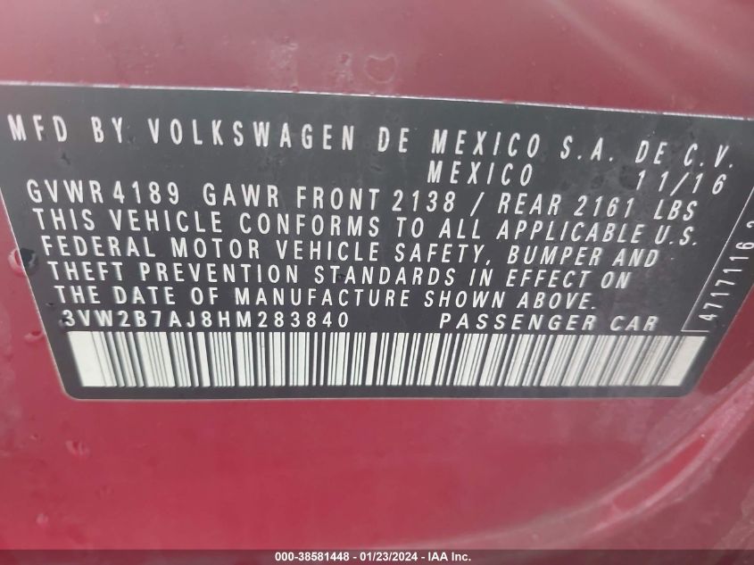 2017 VOLKSWAGEN JETTA 1.4T S - 3VW2B7AJ8HM283840