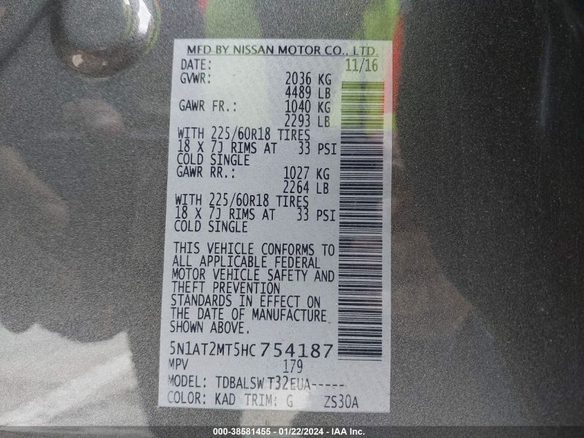 2017 NISSAN ROGUE SL - 5N1AT2MT5HC754187