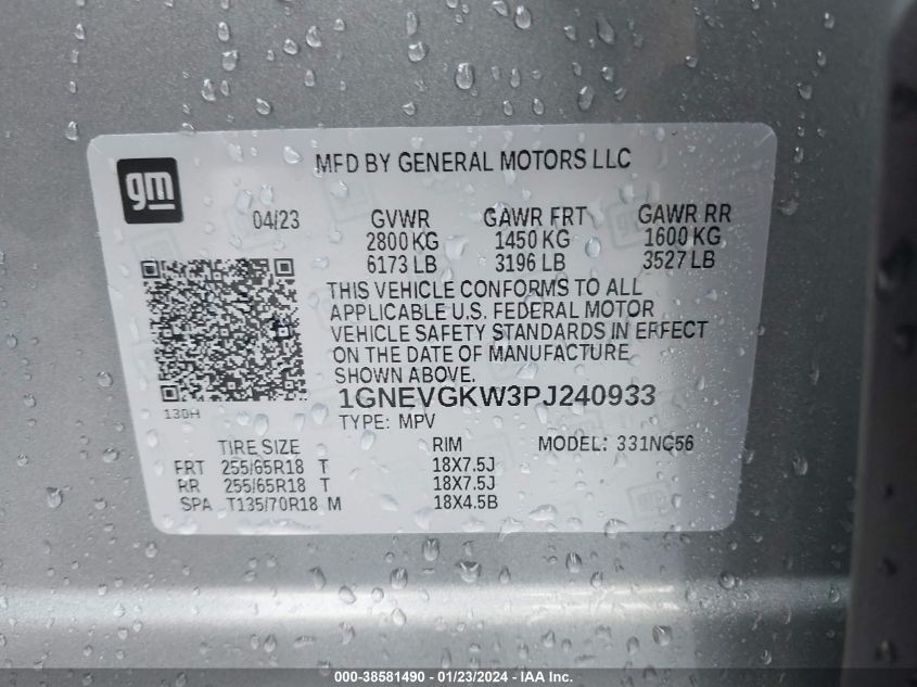 2023 CHEVROLET TRAVERSE AWD LT CLOTH - 1GNEVGKW3PJ240933