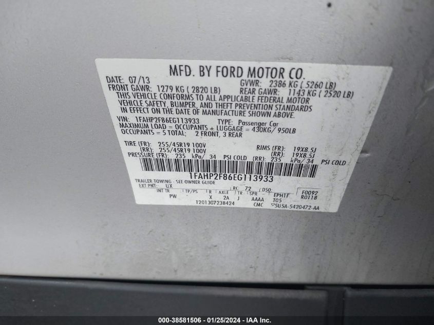 2014 FORD TAURUS LIMITED - 1FAHP2F86EG113933