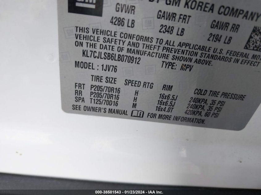 2020 CHEVROLET TRAX 1LT - KL7CJLSB6LB070912