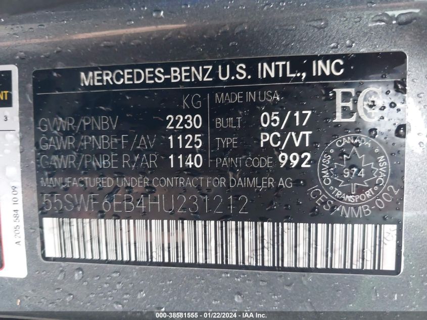 2017 MERCEDES-BENZ AMG C 43 4MATIC 55SWF6EB4HU231212