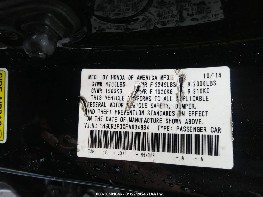 2015 HONDA ACCORD LX - 1HGCR2F3XFA034984