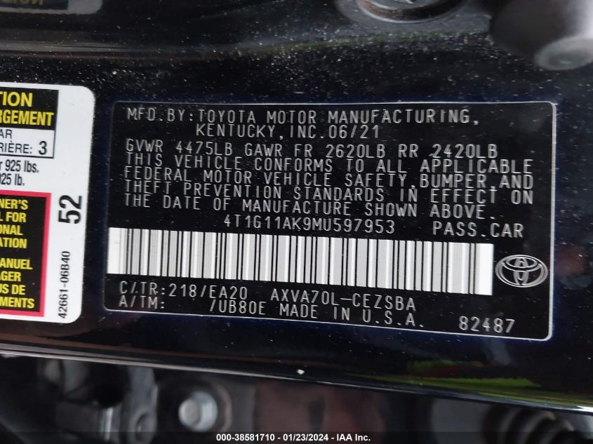 4T1G11AK9MU597953 | 2021 TOYOTA CAMRY