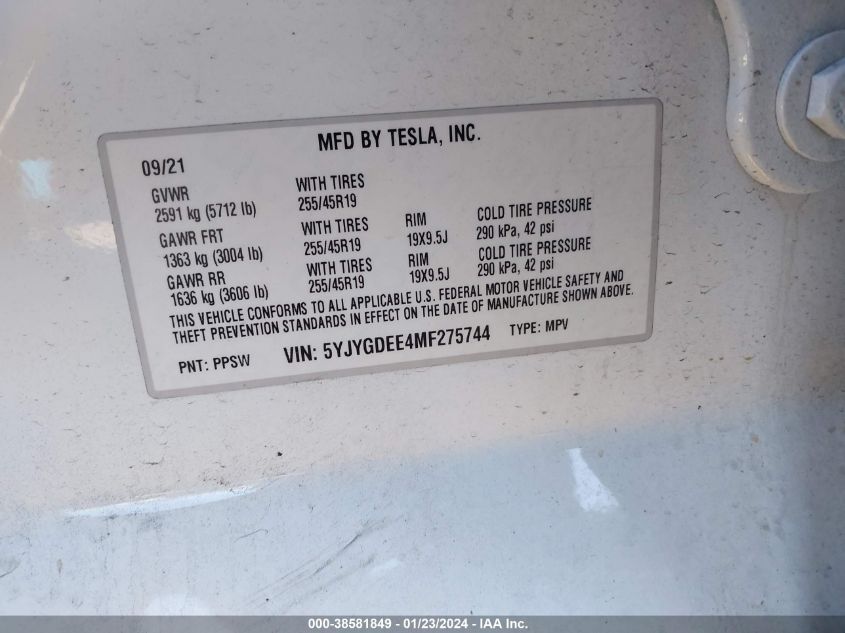 2021 TESLA MODEL Y - 5YJYGDEE4MF275744