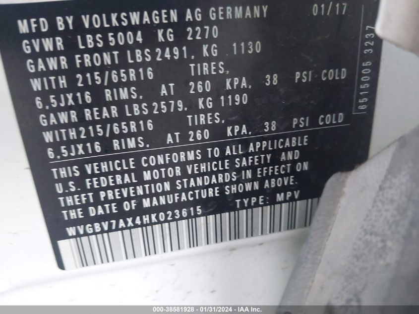 2017 VOLKSWAGEN TIGUAN S/LIMITED - WVGBV7AX4HK023615