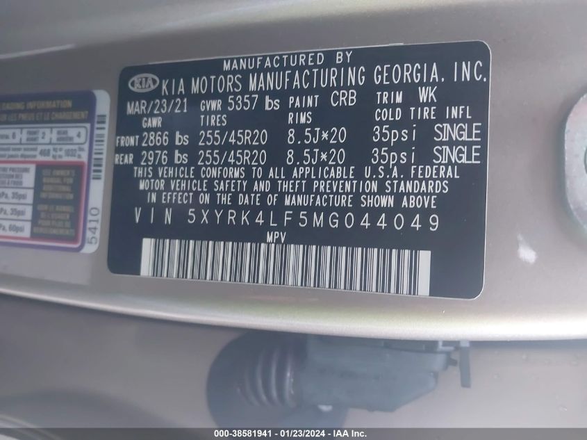 2021 KIA SORENTO SX/SXP - 5XYRK4LF5MG044049