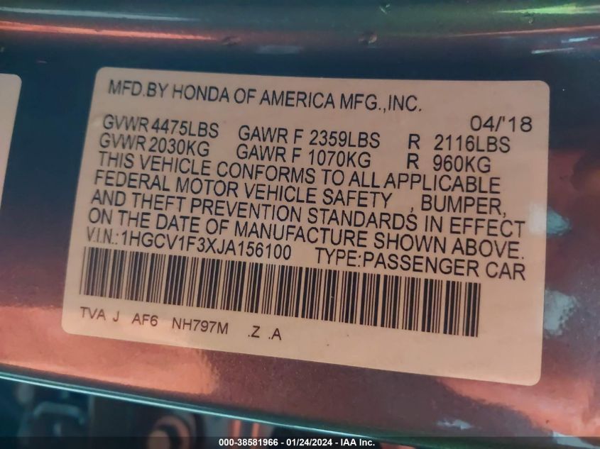 2018 HONDA ACCORD SPORT - 1HGCV1F3XJA156100