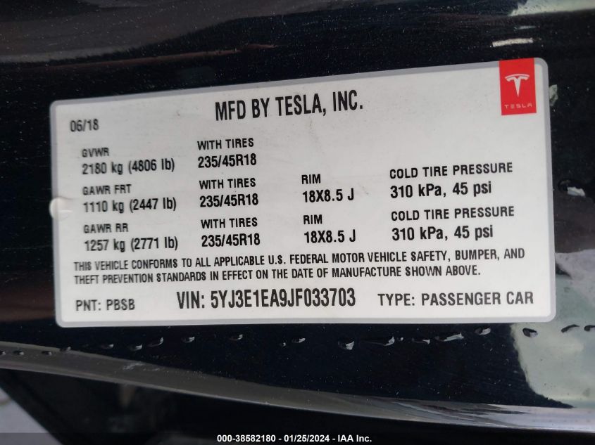 2018 TESLA MODEL 3 - 5YJ3E1EA9JF033703