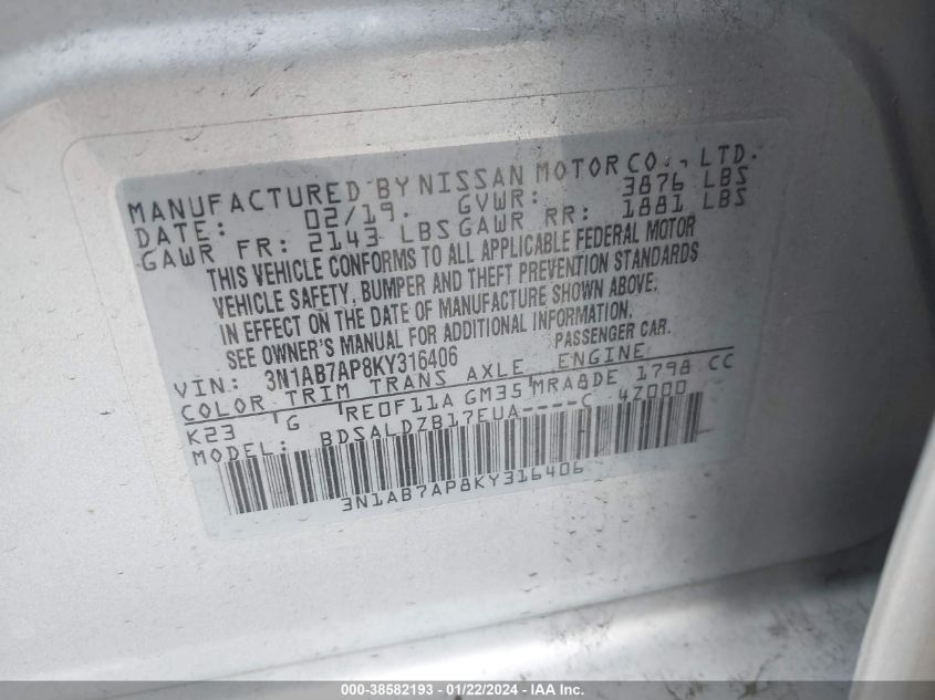2019 NISSAN SENTRA SV - 3N1AB7AP8KY316406